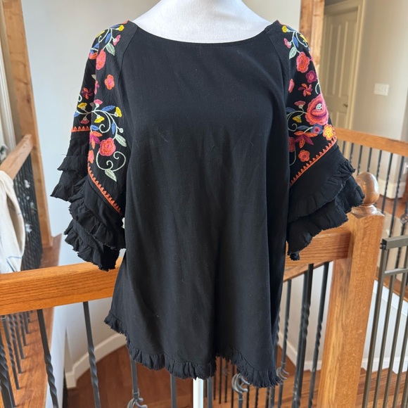 Umgee Tops - Umgee Black Top with Colorful Embroidered Sleeves